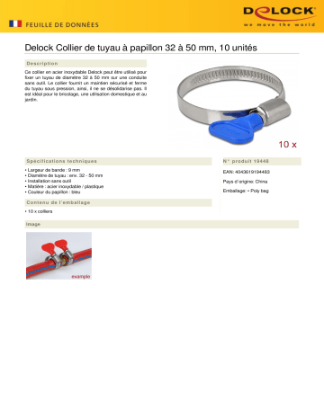 DeLOCK 19448 Butterfly Hose Clamp 32 - 50 mm 10 pieces blue Fiche technique | Fixfr