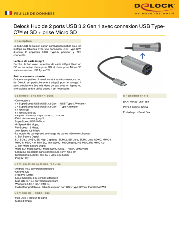 DeLOCK 64115 2 Port USB 3.2 Gen 1 Hub Fiche technique | Fixfr