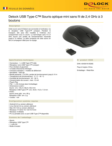 DeLOCK 12526 Optical 3-button mini mouse USB Type-C™ 2.4 GHz wireless Fiche technique | Fixfr
