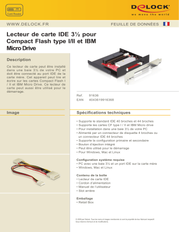 DeLOCK 91636 IDE 3½ Card Reader for Compact Flash type I/II and IBM Micro Drive Fiche technique | Fixfr