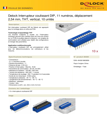 DeLOCK 66385 DIP sliding switch 11-digit 2.54 mm pitch THT vertical blue 10 pieces Fiche technique | Fixfr