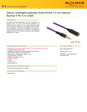 DeLOCK 84797 Verlängerungskabel Audio Klinke 3,5 mm Stecker / Buchse 4 Pin 5 m violett Fiche technique | Fixfr
