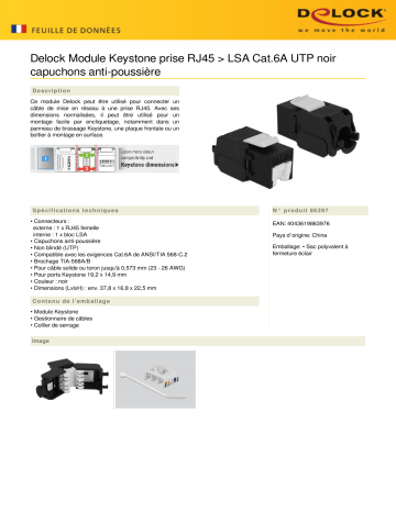 DeLOCK 86397 Keystone Module RJ45 jack > LSA Cat.6A UTP black dust cover Fiche technique | Fixfr