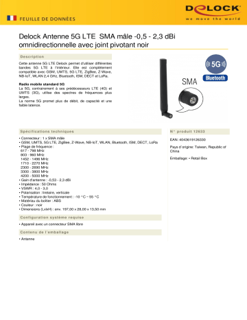 DeLOCK 12633 5G LTE Antenna SMA plug -0.5 - 2.3 dBi omnidirectional Fiche technique | Fixfr