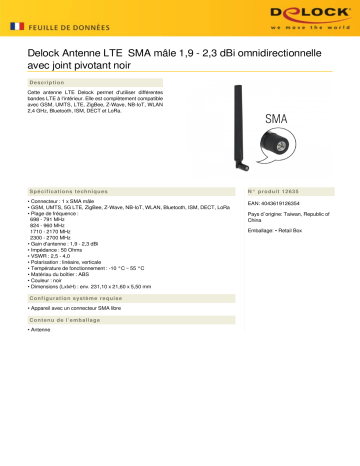 DeLOCK 12635 LTE Antenna SMA plug 1.9 - 2.3 dBi omnidirectional Fiche technique | Fixfr