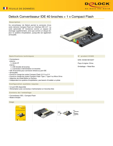 DeLOCK 91620 Converter IDE 40 pin > 1 x Compact Flash Fiche technique | Fixfr