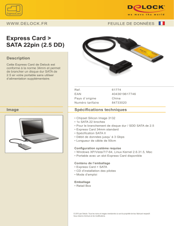 DeLOCK 61774 Express Card > SATA 22pin (2.5 HDD) Fiche technique | Fixfr