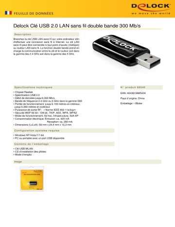 DeLOCK 88540 USB 2.0 Dual Band WLAN Stick 300 Mb/s Fiche technique | Fixfr