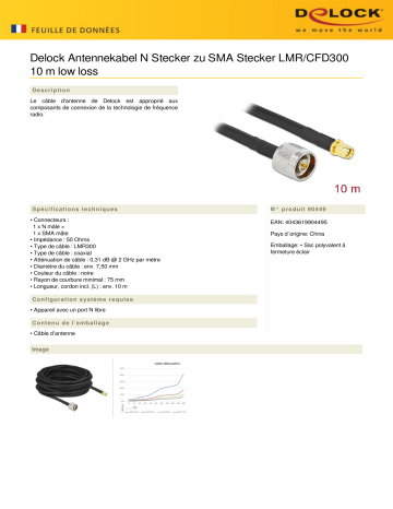 DeLOCK 90449 Antennekabel N Stecker zu SMA Stecker LMR/CFD300 10 m low loss Fiche technique | Fixfr