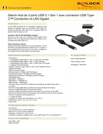 DeLOCK 64043 3 Port USB 3.1 Gen 1 Hub Fiche technique | Fixfr