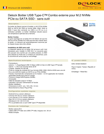 DeLOCK 42633 External USB Type-C™ Combo Enclosure for M.2 NVMe PCIe or SATA SSD - tool free Fiche technique | Fixfr