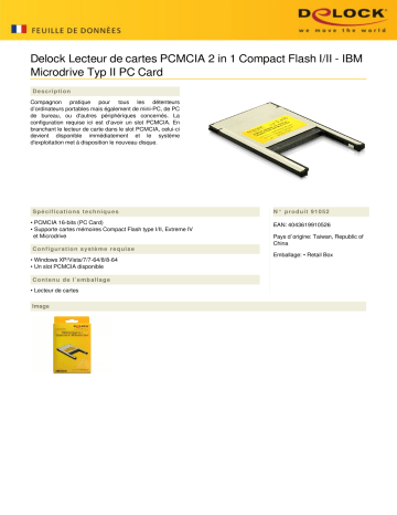 DeLOCK 91052 PCMCIA Card Reader 2 in 1 Compact Flash I/II - IBM Microdrive Typ II PC Card Fiche technique | Fixfr