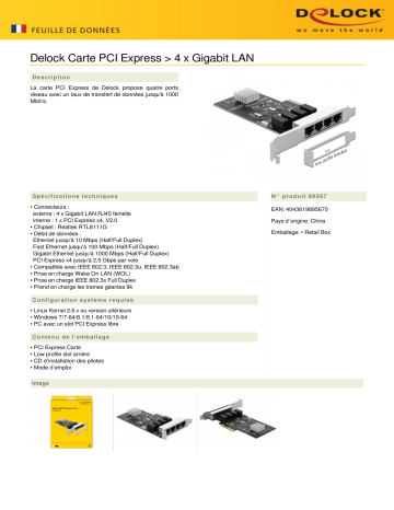 DeLOCK 89567 PCI Express x4 Card 4 x RJ45 Gigabit LAN RTL8111 Fiche technique | Fixfr