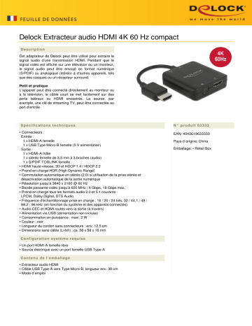 DeLOCK 63333 HDMI Audio Extractor 4K 60 Hz compact Fiche technique | Fixfr