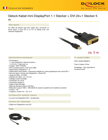DeLOCK 83991 Kabel mini DisplayPort 1.1 Stecker > DVI 24+1 Stecker 5 m Fiche technique | Fixfr