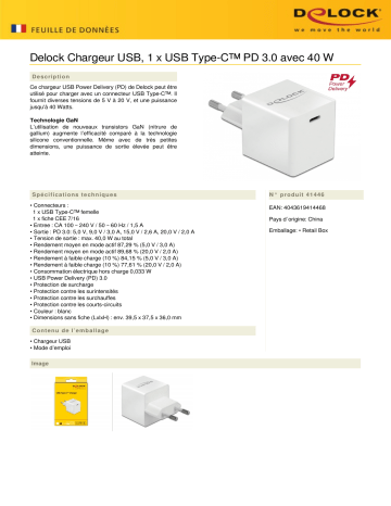 DeLOCK 41446 USB Charger 1 x USB Type-C™ PD 3.0 compact Fiche technique | Fixfr