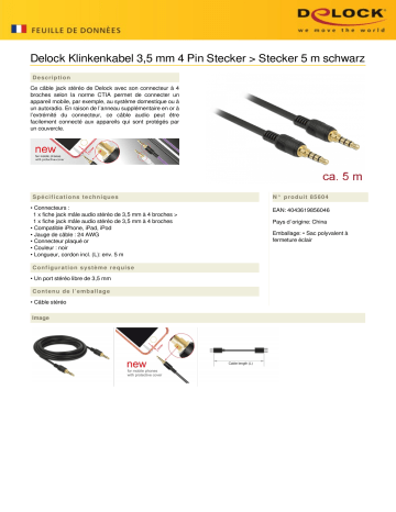 DeLOCK 85604 Klinkenkabel 3,5 mm 4 Pin Stecker > Stecker 5 m schwarz Fiche technique | Fixfr