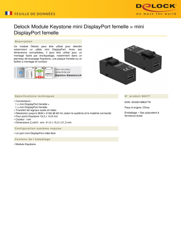 DeLOCK 86377 Keystone Module mini DisplayPort female > mini DisplayPort female Fiche technique | Fixfr