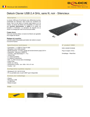 DeLOCK 12004 USB Keyboard 2.4 GHz wireless black - Silent Fiche technique | Fixfr