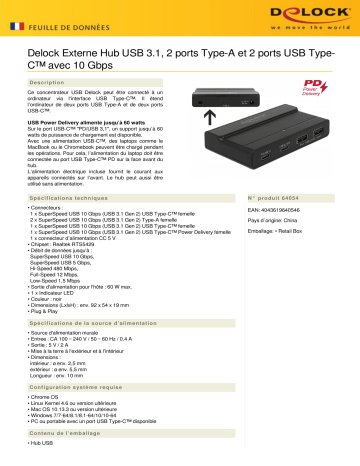 DeLOCK 64054 External USB 3.1 2 Port Type-A and 2 Port USB Type-C™ Hub Fiche technique | Fixfr