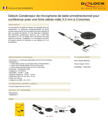 DeLOCK 65873 Condenser Table Microphone omnidirectional for conference Fiche technique | Fixfr