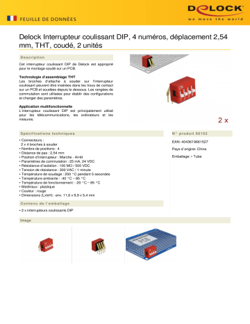 DeLOCK 66152 DIP sliding switch 4-digit 2.54 mm pitch THT angled red 2 pieces Fiche technique | Fixfr