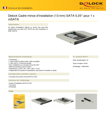 DeLOCK 62717 Slim SATA 5.25″ Installation Frame (13 mm) for 1 x mSATA Fiche technique | Fixfr