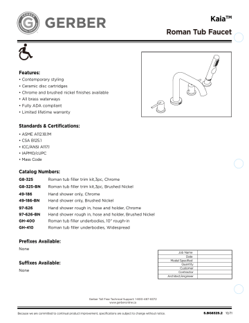 Spécification | Gerber G0097626 Hand Shower Rough In: Diverter-Hose-Holder Manuel utilisateur | Fixfr