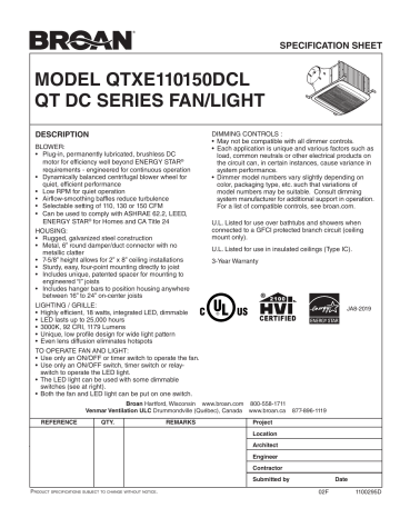 Spécification | Broan QTXE110150DCL Energy Star Ventilation Fan Manuel utilisateur | Fixfr