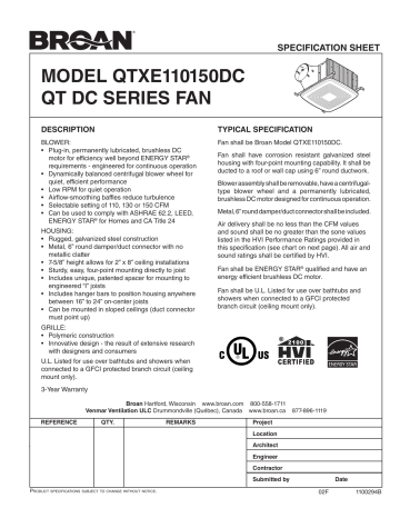 QTXEDCH | QTXE110150DCF | Spécification | Broan QTXE110150DC Energy Star Ventilation Fan Manuel utilisateur | Fixfr