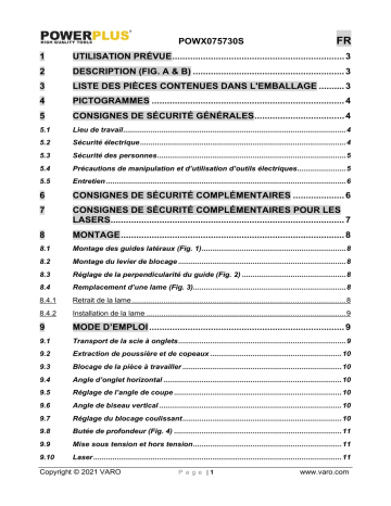Powerplus POWX075730S MITRE SAW TELESCOPIC 2100W - 254MM Manuel du propriétaire | Fixfr