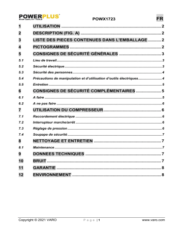 Powerplus POWX1723 COMPRESSOR 1100W 12L NO OIL Manuel du propriétaire | Fixfr