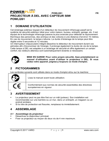 Powerplus POWLI261 LED FLOODLIGHT 50W + SENSOR Manuel du propriétaire | Fixfr