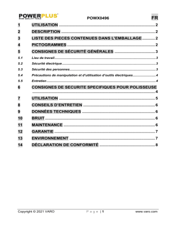 Powerplus POWX0496 POLISHER 110W 240MM Manuel du propriétaire | Fixfr