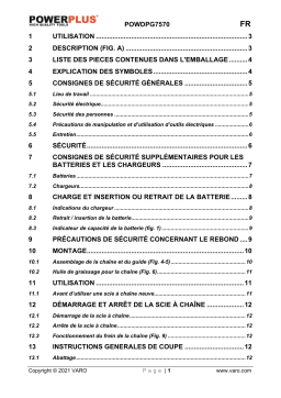 Powerplus POWDPG7570 CHAINSAW 20V 300MM (NO BATT.) Manuel du propriétaire