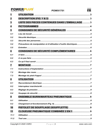 Powerplus POWX1751 COMPRESSOR 1100W 50L + 9PCS NO OIL 2PK Manuel du propriétaire | Fixfr