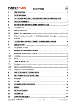 Powerplus POWDP7020 AIR PRESSURE PUMP 20V LI-ION (NO ACCU) Manuel du propriétaire