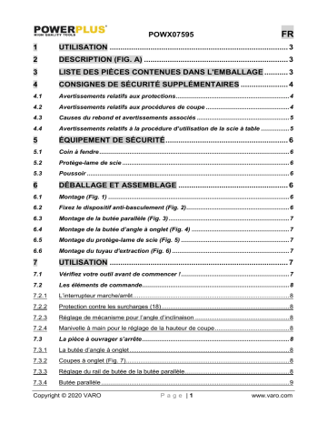 Manuel du propriétaire | Powerplus POWX07595 TABLE SAW 2000W 250MM Manuel utilisateur | Fixfr