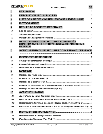 Powerplus POWXG9100 HIGH PRESSURE CLEANER 210CC Manuel du propriétaire | Fixfr