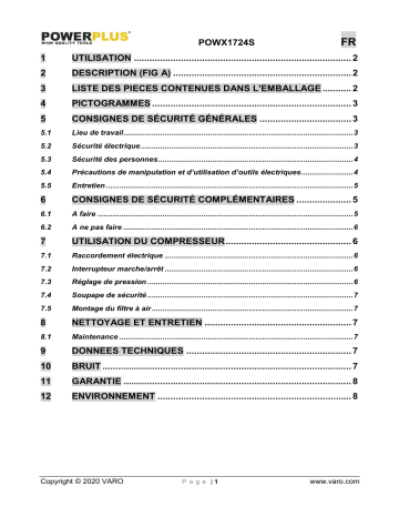 Powerplus POWX1724S COMPRESSOR SILENT 550W 6L + 10 ACC Manuel du propriétaire | Fixfr