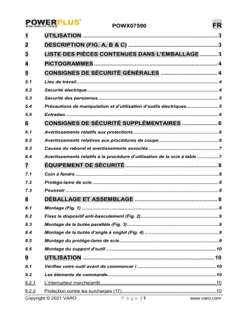 Powerplus POWX07590 TABLE SAW 1700W - 210MM Manuel du propriétaire | Fixfr