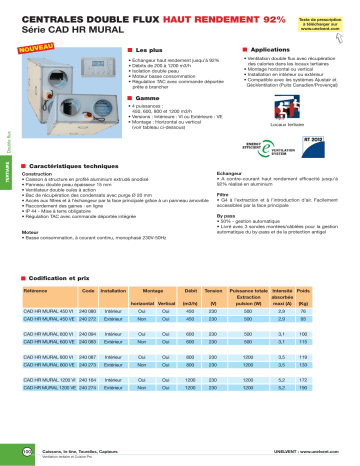 UNELVENT CENTRALE DOUBLE FLUX CAD HR MURAL Manuel du propriétaire | Fixfr