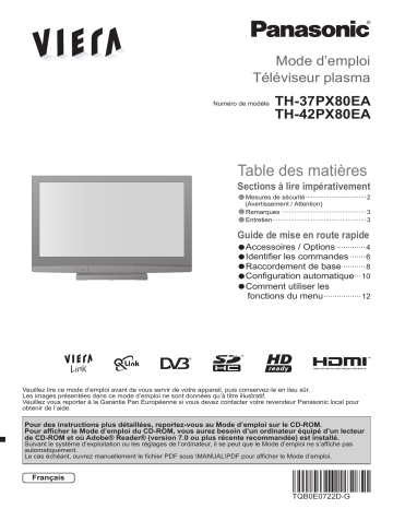 TH-42PX80EA | TH37PX80EA | Manuel du propriétaire | Panasonic TH-37PX80EA Manuel utilisateur | Fixfr