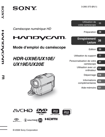 HDR-UX20 | HDR-UX19 | Sony HDR-UX10 Manuel du propriétaire | Fixfr