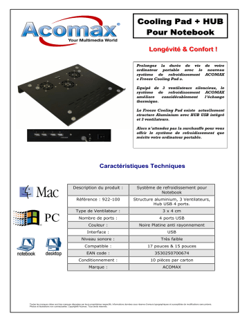 Manuel du propriétaire | ACOMAX SYSTEME DE REFROIDISSEMENT POUR NOTEBOOK Manuel utilisateur | Fixfr