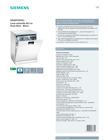 SN26P280EU | Siemens SR214W00CE Manuel du propriétaire | Fixfr