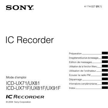 Sony ICD-UX91 Manuel du propriétaire | Fixfr