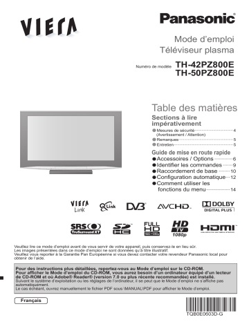 Panasonic TH-42PZ800E Manuel du propriétaire | Fixfr