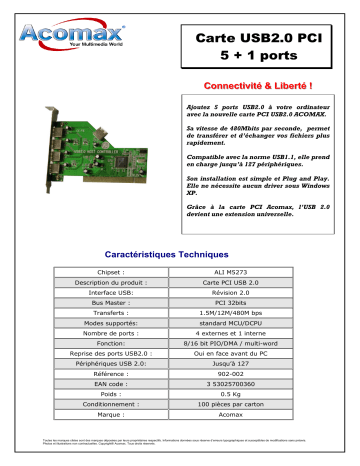 Manuel du propriétaire | ACOMAX CARTE PCI USB 2.0 Manuel utilisateur | Fixfr