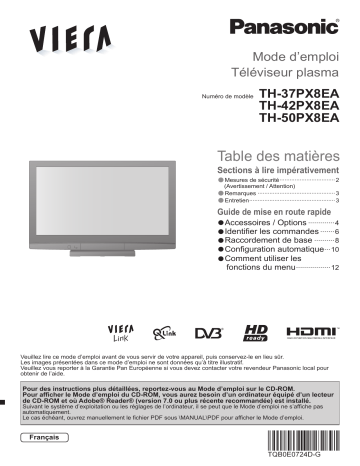 TH-42PX8EA | TH-50PX8EA | TH-37PX8EA | Manuel du propriétaire | Panasonic TH37PX8EA Manuel utilisateur | Fixfr